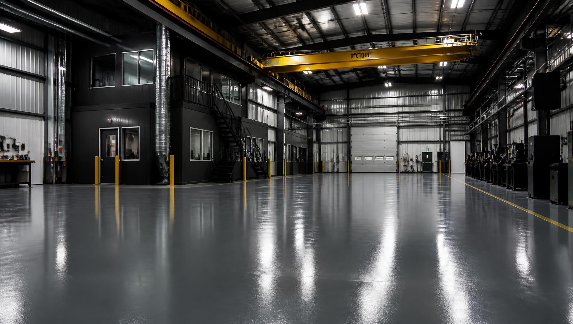 Industrial warehouse interior with a glossy seamless grey epoxy floor reflecting overhead lights